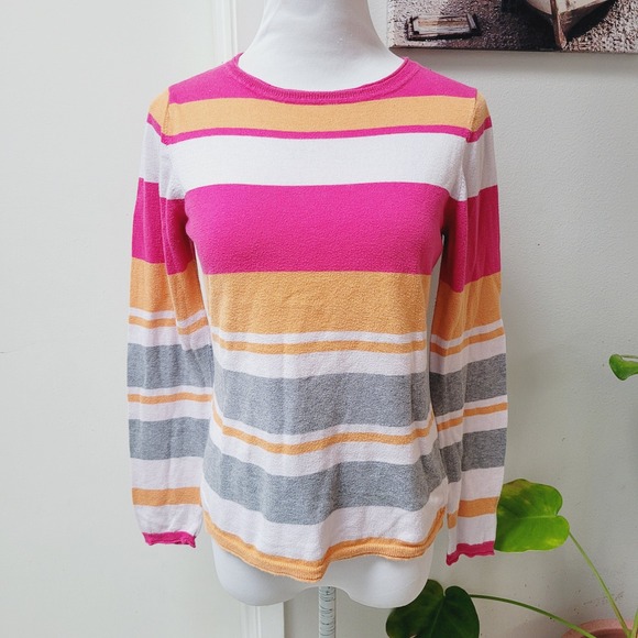 Circle G Sweaters - Title Nine Striped Knit Long Sleeve Crew Neck Pink Orange Gray Medium Sweater